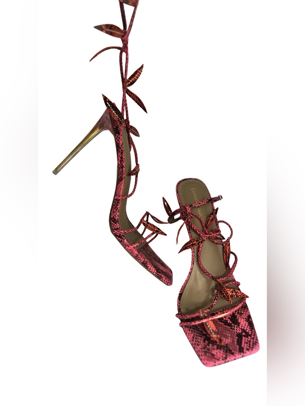 Pink Snake-Print Lace-Up Stiletto Sandals